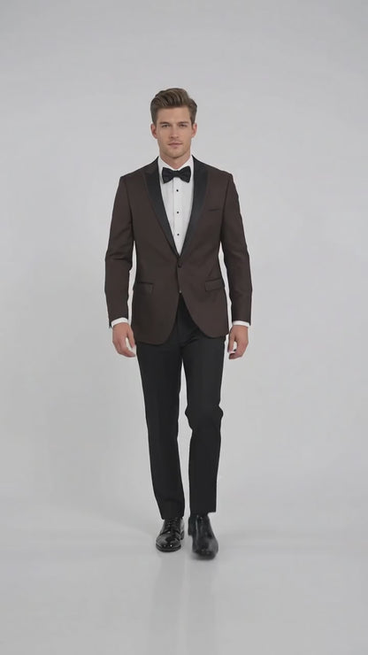 Mens Brown Dinner Jacket with Black Pants – Satin Lapel Tuxedo Suit for Weddings & Formal Events