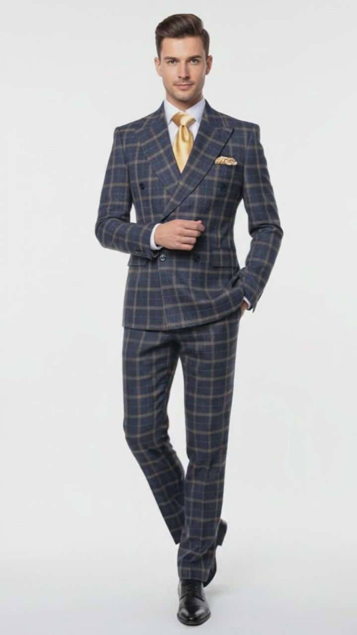 Men’s Navy and Tan Windowpane Double-Breasted Suit | Classic 2-Piece Plaid Dress Suit, Business, and Formal Events By Rossiman
