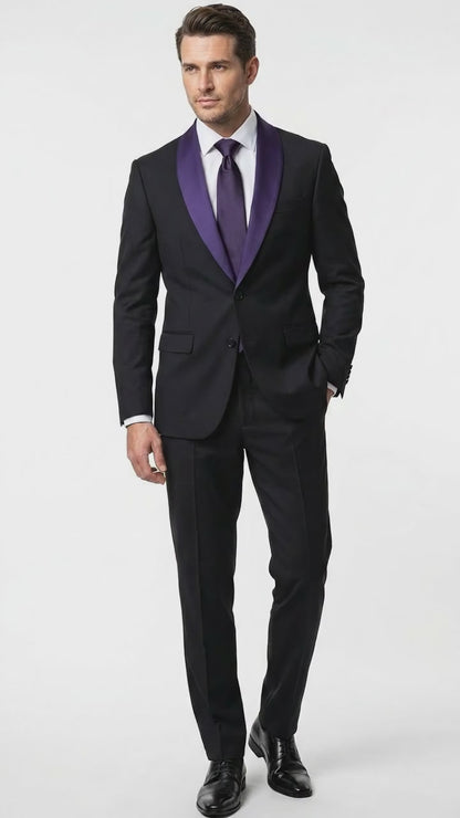 Mens Black Suit with Purple Lapel – Elegant Formal Tuxedo Style Suit for Wedding, Prom, Party and Evening Wear