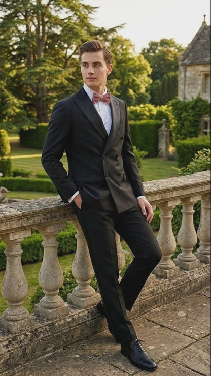 Tiglio Brand 100% Wool Super 150s Italian fabric Men’s Classic Black Double-Breasted Tuxedo with Satin Peak Lapel – Formal Wedding & Gala Suit Set