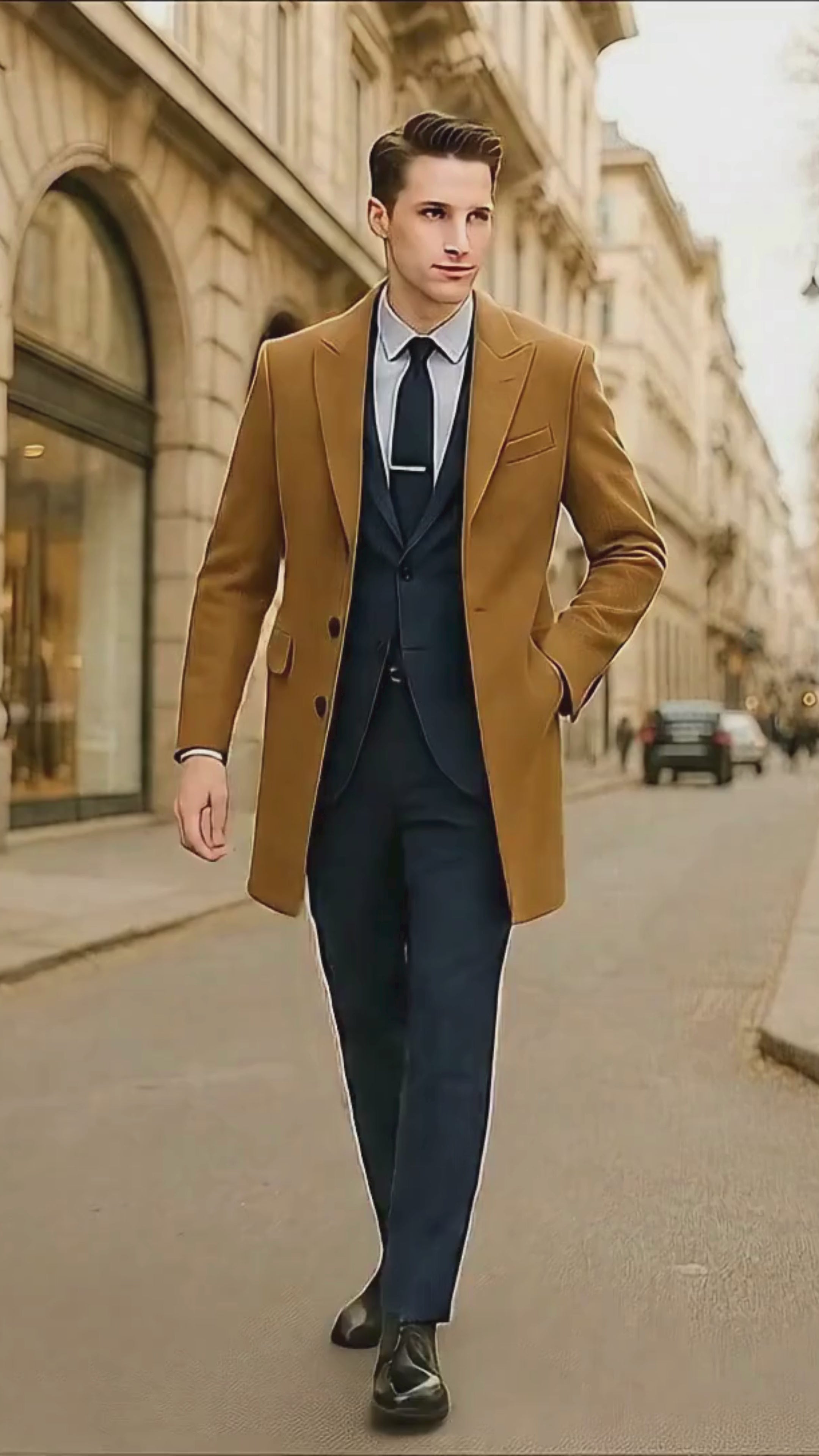 Men’s Camel Brown Wool Overcoat – Classic Long Dress Coat for Business and Casual Wear in Vecuna Color