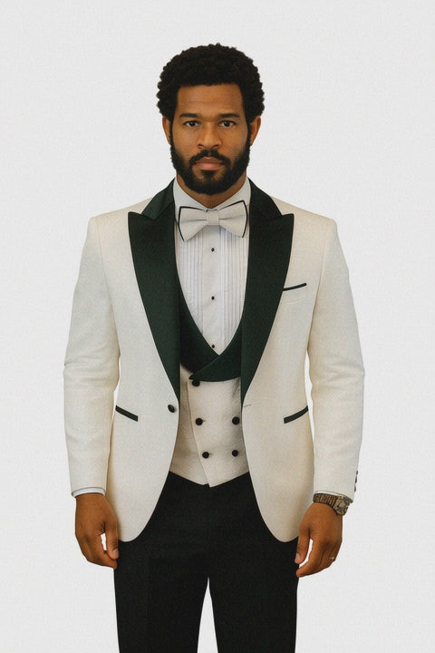 Hilton White and Black Paisley Peak Lapel Tuxedo Jacket with Matching Shawl Vest and Wool Pants – Includes Bow Tie