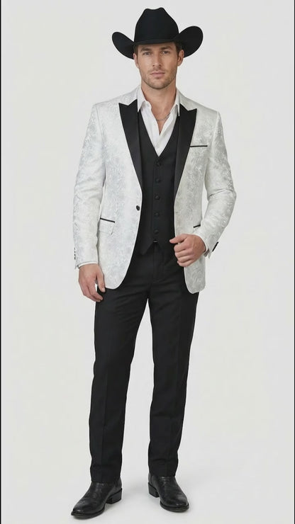 Men’s White Paisley Cowboy Tuxedo with Black Satin Lapel – Western Formal Wedding Suit Jacket