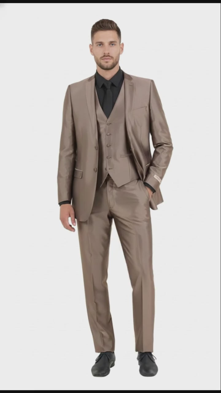 Men’s Sateen Shiny Metallic Mocca Taupe Gold Bronze 3-Piece Suit Set – Shiny Finish slim Fit Formal and Party Suit