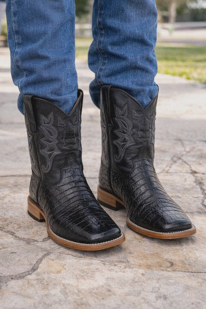Los Altos Boots - Mens Dress Cowboy Boot - Low Priced Black Square Toe Caiman Tail Boots- in Black