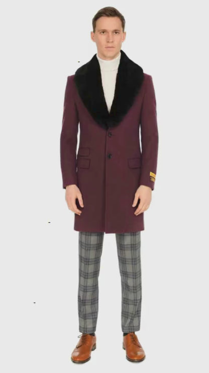 Mens Purple Wool Overcoat with Black Faux Fur Collar – Luxury Winter Dress Coat for Formal and Casual Wear