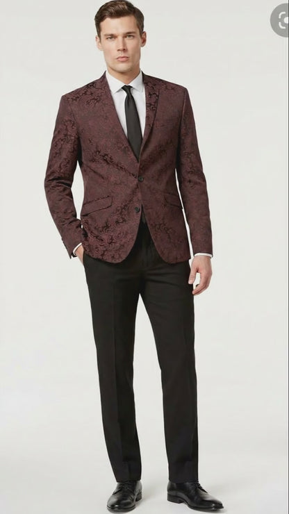 Men’s Burgundy Paisley Blazer Sport Coat – Velvet Dinner Jacket floral in Maroon Wine Color Ultra Slim Fit Smoking Jacket