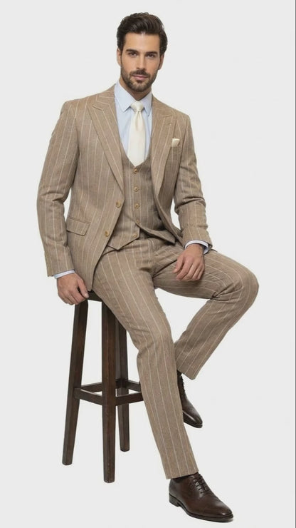 Men's Beige Pinstripe Three-Piece Vested Suit – Tailored Fit  Business Attire in Tan Stripe by Rossiman