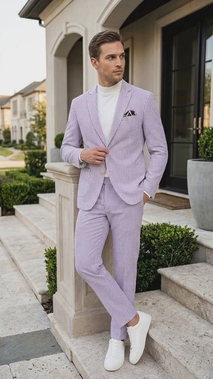 Men’s Lavender Seersucker 2 Piece Suit, Lightweight Summer Blazer and Pants Set for Weddings, Parties, Prom, and summer fabric