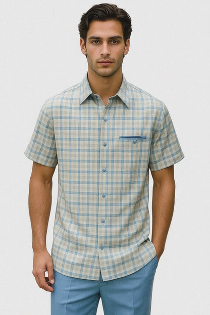 Mens Plaid Walking Suit in Powder Blue by Dreams by Zacchi – 2 Piece Leisure Outfit with Matching Shirt and Pants - $99