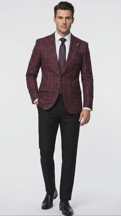 Men’s Burgundy Check Blazer – Windowpane Plaid blazer in Maroon Wine Color