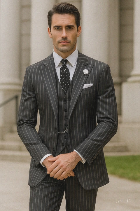 Mens 2 button Gangster Pinstripe Suit in Black & White