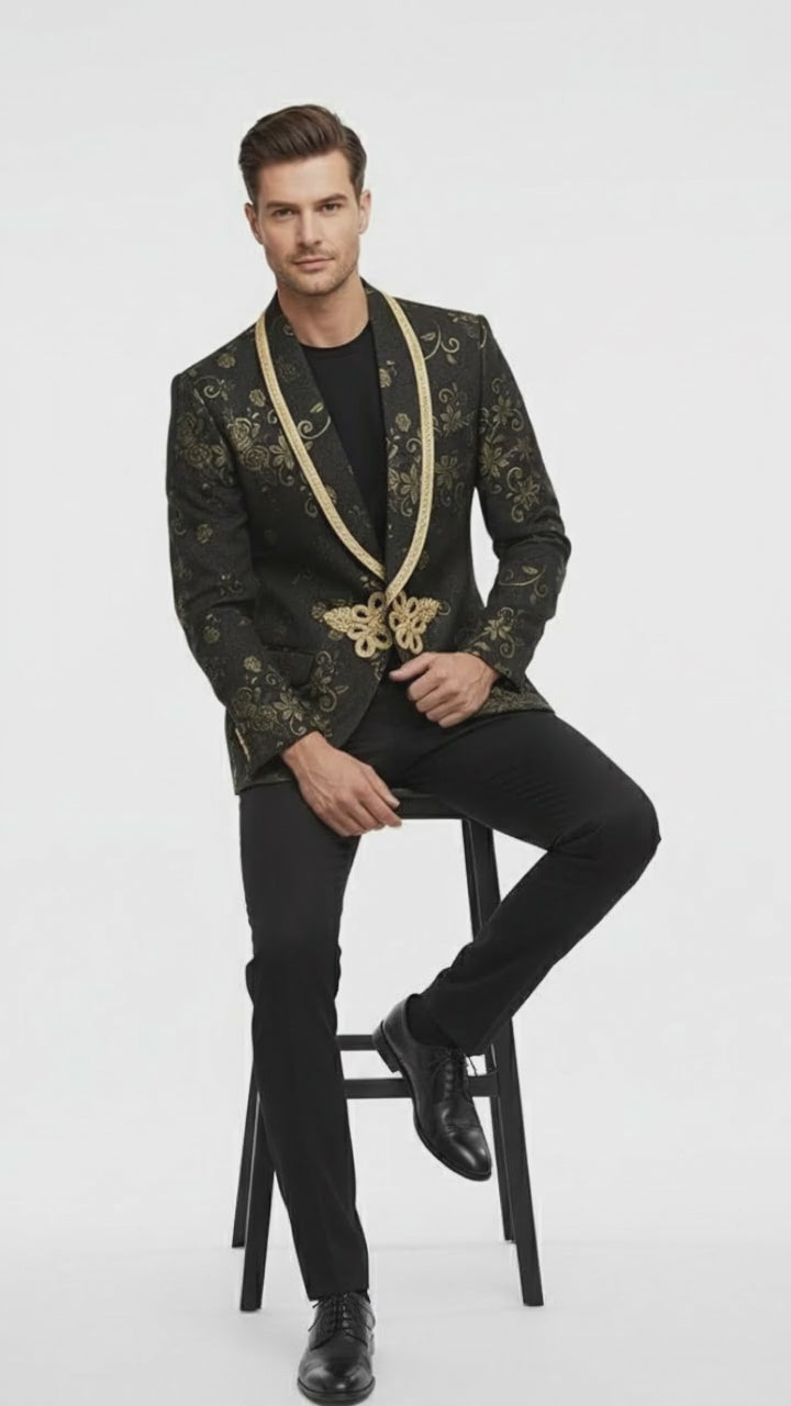 Men’s Black and Gold Embroidered Luxury Blazer – Designer Floral Pattern Wedding & Party Jacket (Sim534)