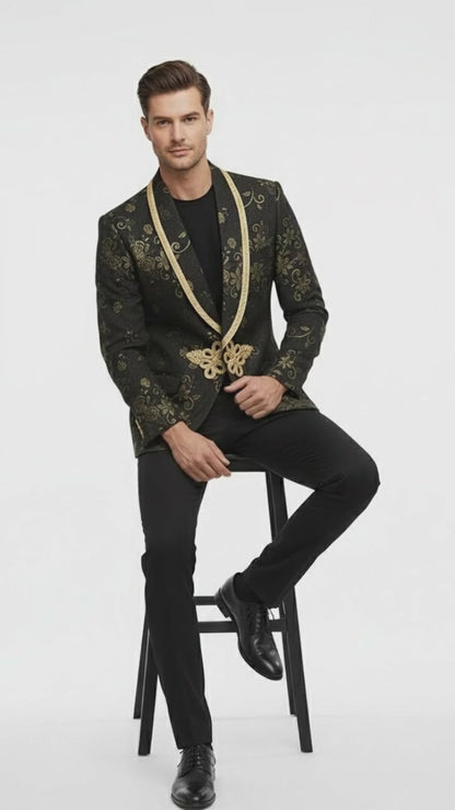 Men’s Black and Gold Embroidered Luxury Blazer – Designer Floral Pattern Wedding & Party Jacket (Sim534)