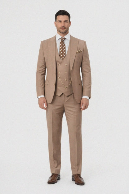 Rossiman Men’s Tan Suit – Gold Buttons & Double-Breasted Vest Elegance