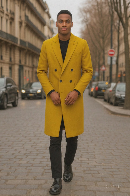 Men's Gold 44Inch Long Double Breasted Overcoat Winter Men's Topcoat Sale