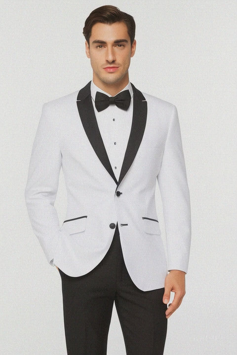 Mens 2 Buttton Slim Contrast Peak Lapel Tuxedo in White