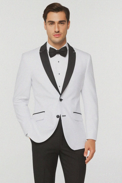 Mens 2 Buttton Slim Contrast Peak Lapel Tuxedo in White