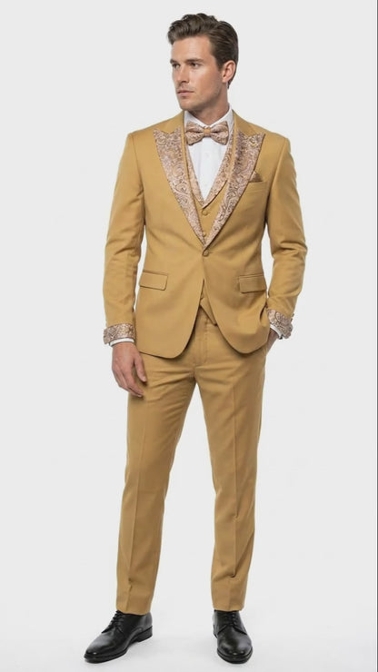 Men's Gold Embellished Tuxedo Suit + Bowtie – Slim Fit Jacket, Vest and Tailored Pants