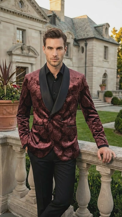 Mens Rust Copper Brick color Floral Jacquard Pasiley Blazer – Pattern Dinner Jacket with Black Shawl Lapel for Formal dinners and Wedding