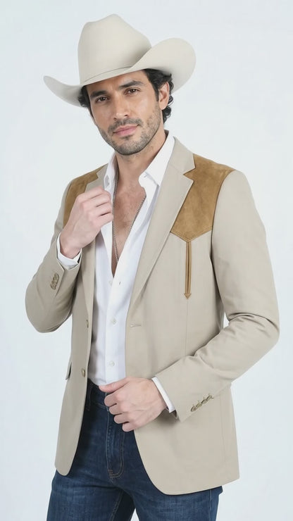 Men’s Khaki Western Blazer with Suede Yokes, Cowboy Sport Coat , Ranch and Country Events in Tan Khaki Color By Platini