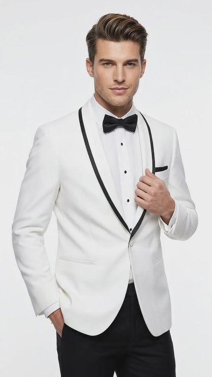 Men’s White Tuxedo Jacket – Black Trim Shawl Lapel Formal Dinner Blazer for Weddings, Prom Wedding Blazer Modern fit