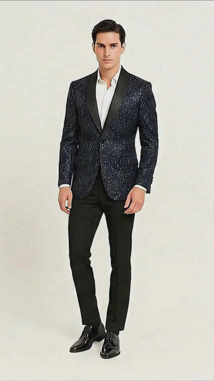 Men’s Navy Blue Sequin Tuxedo Jacket with Black Satin Shawl Lapel – Luxury Prom and Wedding Blazer
