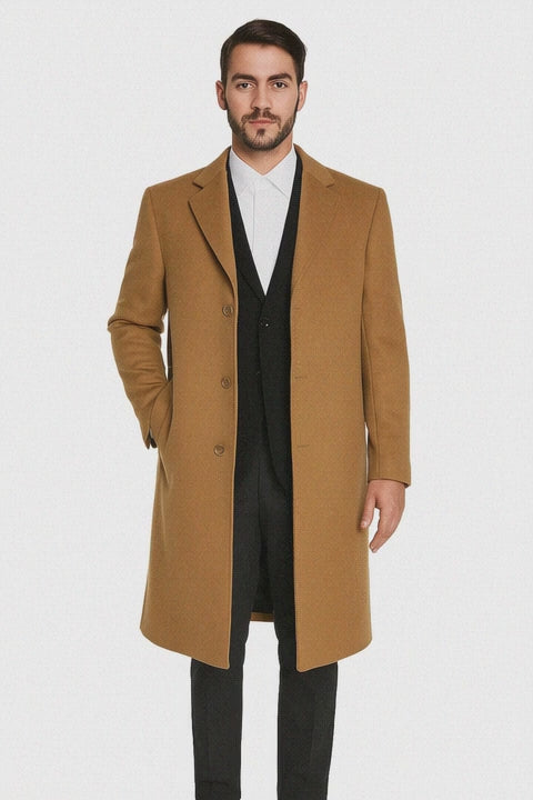 Men’s Camel Overcoat – Classic Single Breasted Wool Long Coat with Peak Lapel