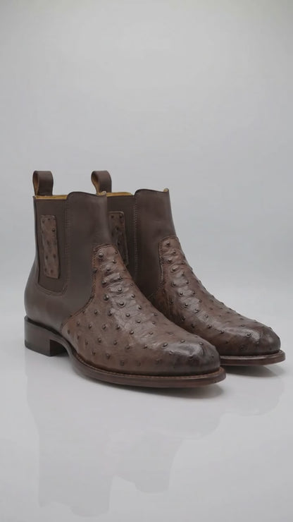 Botas de Avestruz Para Hombre Western Boots – Men’s Brown Ostrich Style Leather Chelsea Cowboy Ankle Boots