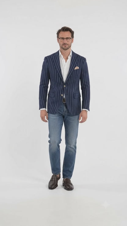 Men's Navy And Bold White Pinstripe Designer Fashion Blazer