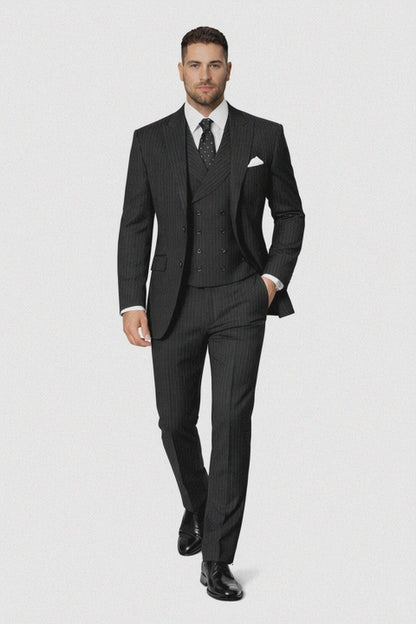 Mens Gangster Pinstripe 2 Button Double Breasted Vest Grey Suit