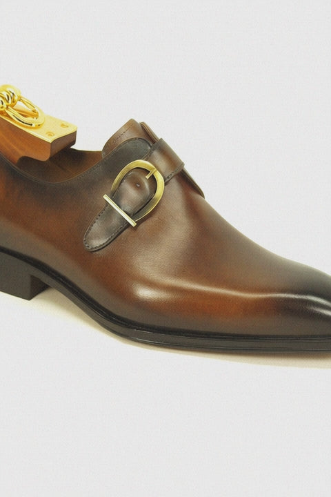Mens Carrucci Classic Leather Fade Single D-Buckle Monk Strap Dress Shoe in Chestnut