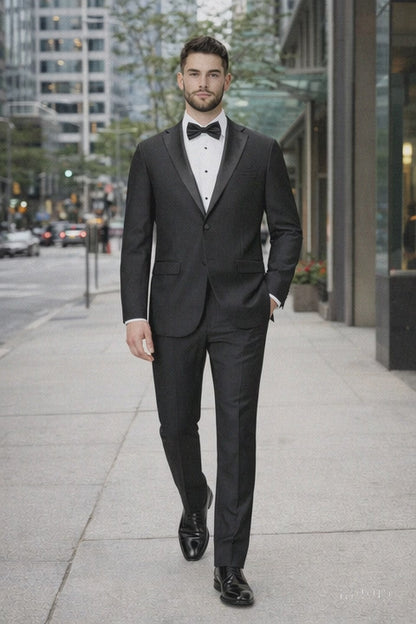 Tiglio Mens Slim Fit Black Wool Tuxedo – Satin Peak Lapel Formal Dinner Suit