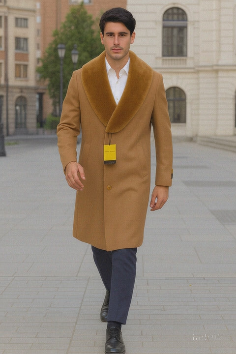 Mens Full Length And Cashmere Overcoat - Winter Topcoats - Light Brown Coat - Dark Camel - Vecuna Color