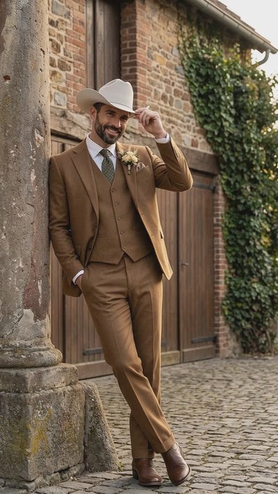 Men’s Tan Groom Outfit Country Wedding 3 Piece Suit Khaki Camel Color Modern Fit