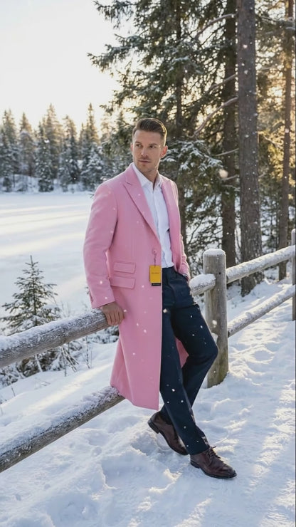 Men’s Pink Wool Blend Long Overcoat – Slim Fit Tailored Winter Coat - Carcoat - Topcoat