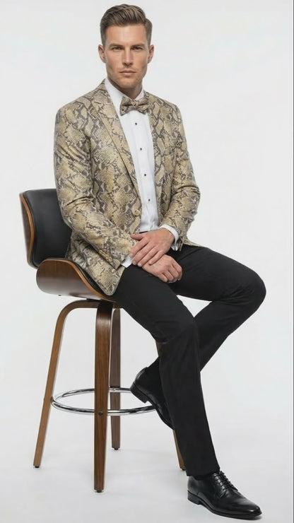 Men’s Beige and Black Snakeskin Print Blazer – Alligator Crocodile Exotic Sking Sport Coat Jacket in Tan Camel Color