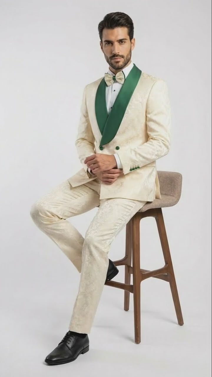 Men's Ivory and Emerald Green Jacquard Tuxedo Suit + Bowtie – 3-Piece Formal Wedding, Prom, and Gala Outfit