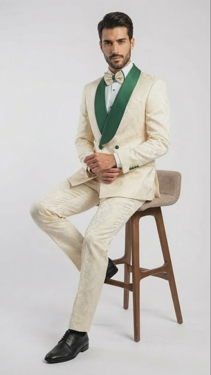 Men's Ivory and Emerald Green Jacquard Tuxedo Suit + Bowtie – 3-Piece Formal Wedding, Prom, and Gala Outfit