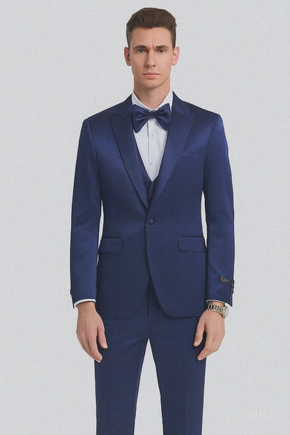 Tazzio Men's Blue Satin Double Breasted 3-Piece Skinny Fit Suit with Peak Lapel Vest & Matching Bowtie – Formal Tuxedo Style