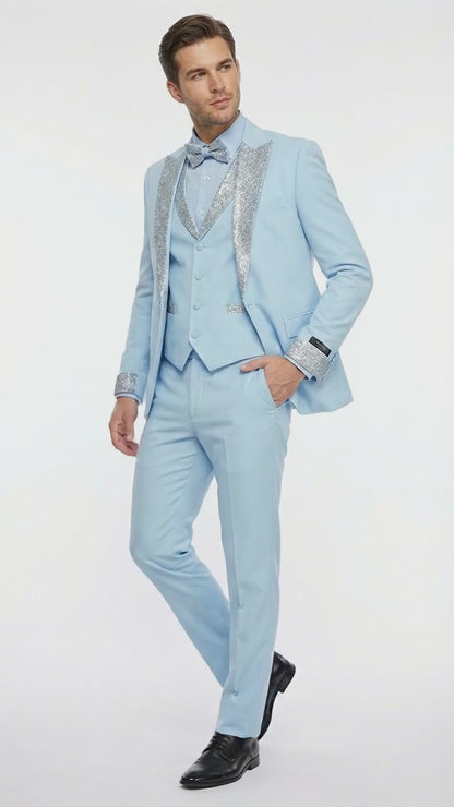 Men’s Light Blue Suit with Silver Glitter Lapel – Light Blue Formal Tuxedo Suit for Prom, Wedding and Special Occasion Wear in Sky Baby Blue