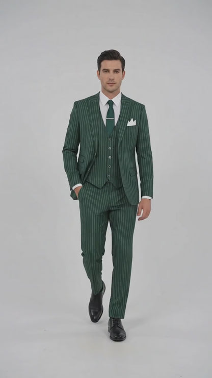 Men’s Hunter Green Great Gatsby Pinstripe Suit, 1920s Gangster 3 Piece Formal Outfit