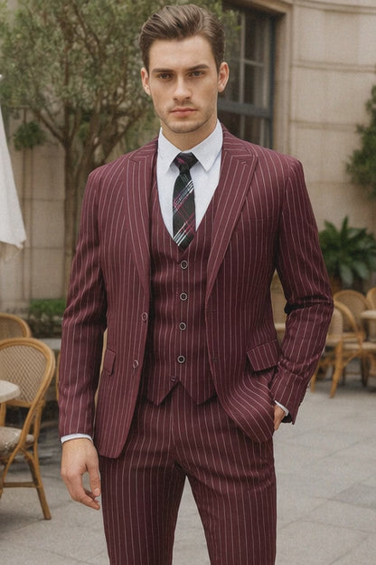 Mens Vested Gangster Pinstripe 1920's Suit in Burgundy