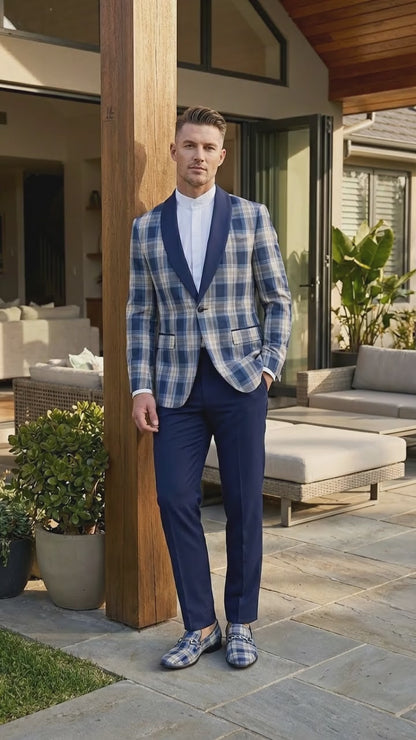 Mens Blue and White - Royal Plaid Tuxedo Suit Set – Checkered Prom Suit with Navy Pants Christmas Holiday New Year Jacket