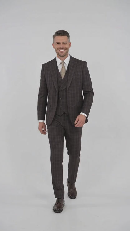 Men’s Vitali 3PC Suit – Choclate Brown and blue Plaid Check 3-Piece Suit with Double-Breasted Vest Modern Fit Side Vented