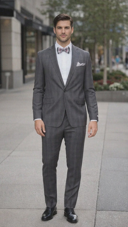 Men's Rossiman Rossi Man Brand Charcoal Plaid Tapered Leg Lower Rise Pant & Get Skinny 1 Button Slim Fit Peak Lapel Suit