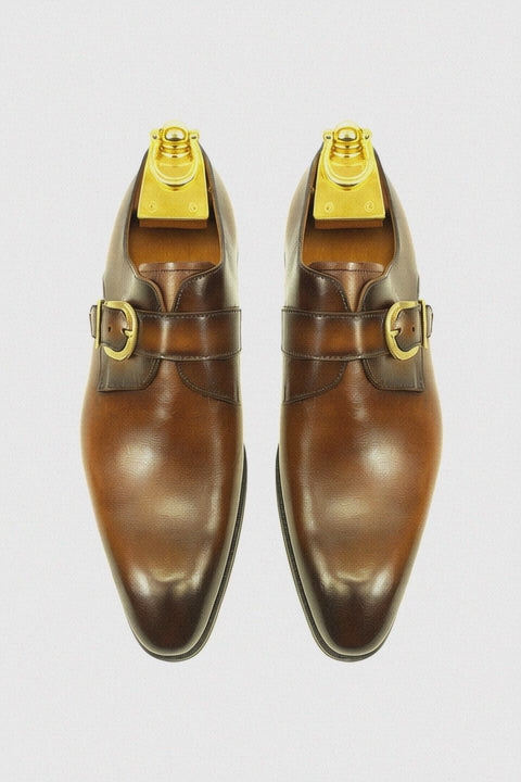 Mens Carrucci Classic Leather Fade Single D-Buckle Monk Strap Dress Shoe in Chestnut