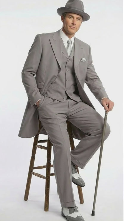 Men’s Gray Zoot Suit with Matching Hat and 1920s Shoes | Grey Vintage Wedding and Party Three Piece Suit