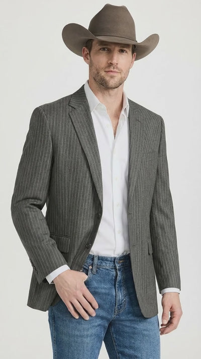 Mens Charcoal Gray Pinstripe Western Blazer – Classic Cowboy Style Jacket for Business, Formal and Smart Casual Wear