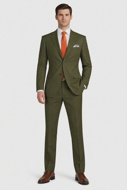 Mens Olive Regular Fit Single Breasted Two-Button Two-Piece Suit